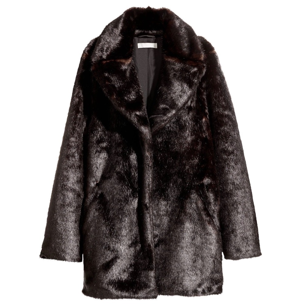 H&M Faux Fur Jacket Dark Brown Statement Coat Size 4